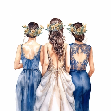 glamour dolce & gabbana half body back shot, watercolor white wedding dress bride wedding brunette hairstyle with beautiful gold headpiece clipart, + two bridesmaids in blue dress, hd, isolated on white background, spaced out ar 3:2
