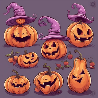 halloween pumpkins vector clipart and clipart pack, in the style of witchy academia, playful visual puzzles, orange, animated gifs, light violet and light red, 1970–present, contest winner