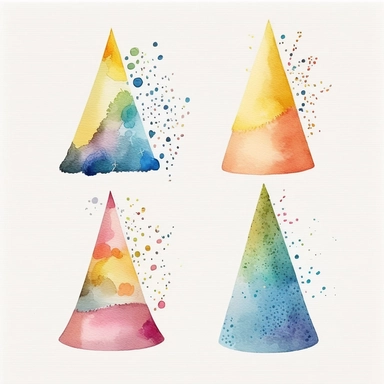 watercolor Birthday Party hat, set of 4 cliparts, playful arrangement, beautiful bright colors, cartoonish style, paul wonner