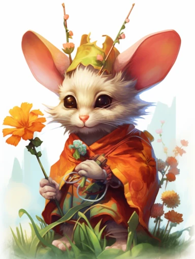 Cute mouse jester villain, Yoshitaka Amano, Banner Saga, samurai, electric embroidery, detailed eyes, grass, flowers, sunset, , white background clipart, clipart png, realistic, digital painting, WHITE BACKGROUND, fantasy style, realistic, painting, watercolor, 8k, ultra details,