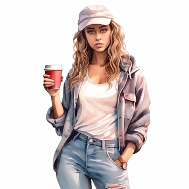 watercolor style, a beautiful girl in casual clothes holding a paper cup of coffee, realistic colors, realistic image. Clipart, isolated on white background, 4K