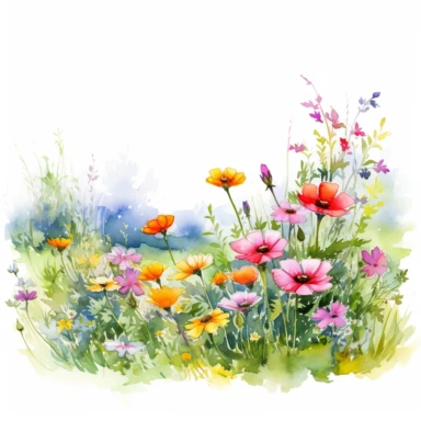 green meadows with vibrant flowers in watercolour, white background, clipart