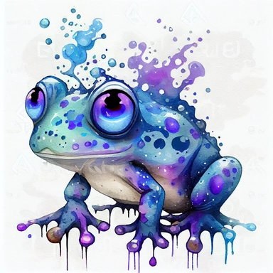 funny, dark and light blue and purple magic frog with funny dots, cartoon style, white background, black outside lines, designs, white background, watercolor pencil drawing, small details, digital art, clipart, super acurate, –testp, pixar,