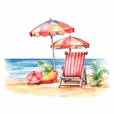 fun and relaxation, Watercolor summer beach clipart, coloful, Isolated white background, 8k