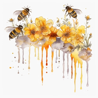 dripping honey border, flowers, honeycomb, bees, watercolor, clipart, white background