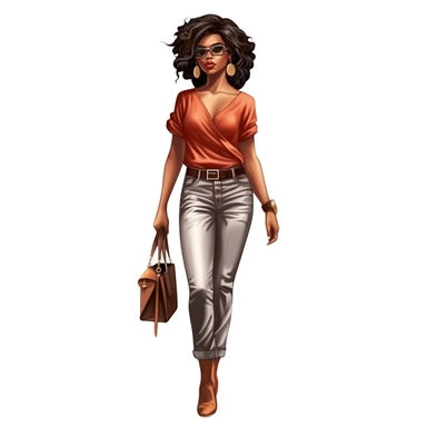 realistic illustration of Fashion-forward African American woman: Illustrate a clipart of a stylish African American woman wearing fashionable clothing and accessories. Showcase her confidence and individuality through her outfit and pose. clipart, isolated on white background, 4K