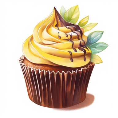 Design a clipart image of an chocolate cupcake in a watercolor style, with chocolate decoration and a topping. You can also add some colorful candy or chocolate chips to make it more attractive. You can add white flowers and green leaves to the design.