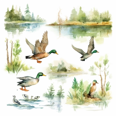 watercolor hunting scene in forest or fields with lake in vicinity where duck flocks take off in numbers , illustrations clipart set, simple, , cartoon elements ,different variants , natural elements, separate elements with a margin, ,4k, high resolution, , natural colors, vibrant green tones, birds and ducks