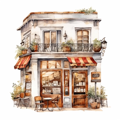 watercolor, hyper realistic, white background, white margins, 16k, ultra detailed clipart, cut out image, hand-drawn a cozy coffee shop scene, in the style of pencilsteampunk, delicate watercolor, creative commons attribution, miniaturecore, grocery art, white and amber, website