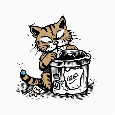 an old 80's style of a cartoon a cat eating fish bones behind a garbage can veiw 3d handraw clipart style easy draw simplist black and white vector simple doodle very with thick lines