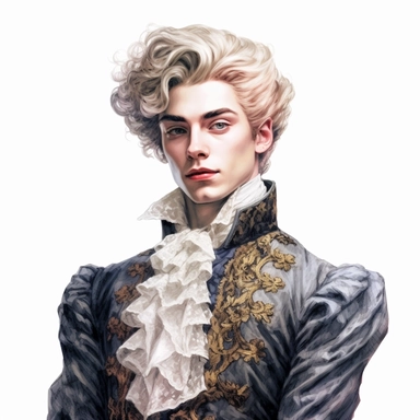 beautiful stunning handsome boy in vintage baroque fashion , paint art style, clipart, white background, superrealistic, one of a kind