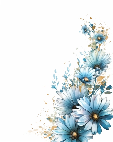 detailed watercolor ocean blue daisy corner border , isolated on white background, realistic, clipart