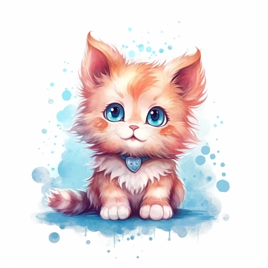 a whimsical cute fluffy baby cat cartoon clipart on white background with margins, watercolor, icon, sticker art