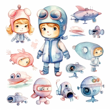 cute kawaii rocket helicopter plane pilot , watercolor white background clipart set single elements with margin