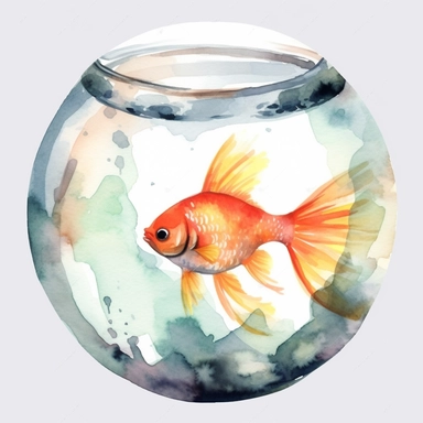 Watercolor fish bowl clipart, white isolated background, space out, hd