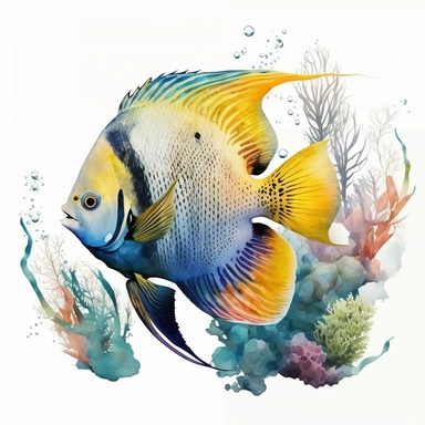 a colorful angelfish swimming near the coral reefs, watercolor style, clipart, white background