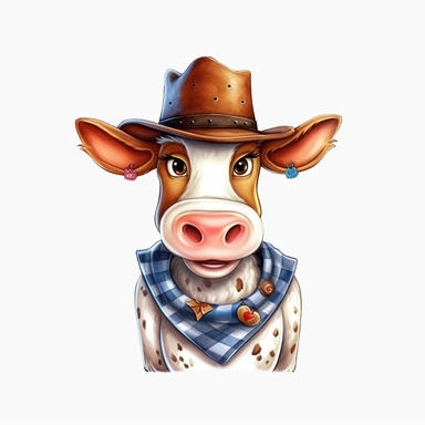funny cow with cowboy hat sublimation clipart, hd, detail, illustration style, high solution, on the white background
