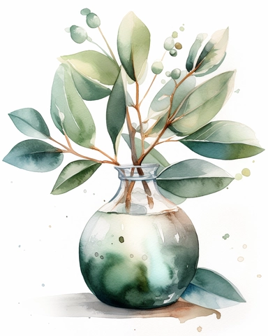watercolor Eucalyptus in bud vase white background watercolor detailed ilustration, white background, clipart