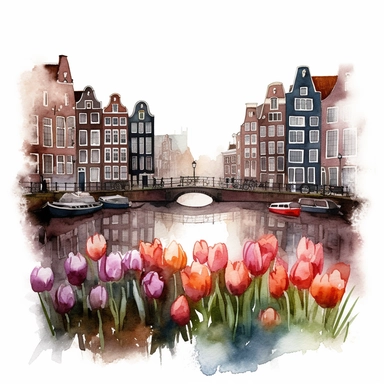 Tulips at the Canals in Amsterdam, watercolor clipart, in the style of charming illustrations, meticulous design, painted illustrations, ferrania p30, sharp details, rich details, free brushwork, isolated white background