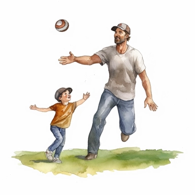 A father and son playing catch with a baseball or football, Watercolor, Clipart, transparent background PNG