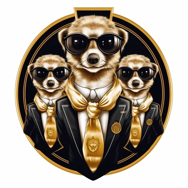 epic soccer club coat of arms, meerkats wearing classic black suit’s, clipart sticker, modern business look, 3d,
