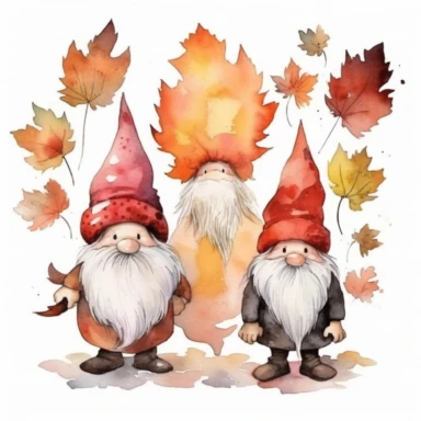 semi-cartoon style hand drawn watercolour clipart set of 2 cute gnomes with large bulbous noses in bright boho colors holding boho style autumn maple leaves, white background, 300 dpi, high quality digital art suitable for printing, spaced apart