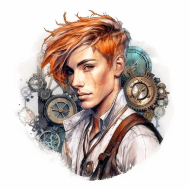beautiful stunning handsome steampunk young man, he has coloured hair, paint art style, clipart, white background, superrealistic, one of a kind