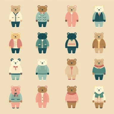 A modern, simplistic illustration showing a cute Teddy Bear with fashionistic human outfits in Cliparts. The illustration should be in a playful flat design style. Make sure there is no use of shading, tone or texture. The illustration should have a simplified, streamlined appearance. The illustration should be well-suited for use in digital or print media, such as infographics in white background.