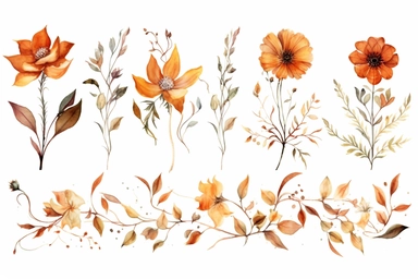 10 watercolour autumn flowers on a vine clipart, earth tones, romantic, hd, white background, spaced out