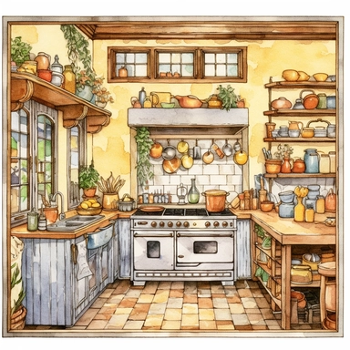 Make a clipart of a watercolor french country kitchen with bright pastel colors, gold accents, black outlines, hd, white background