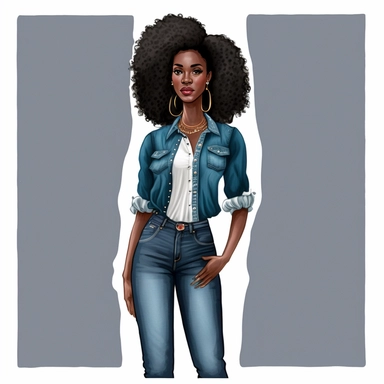 Full body isolated black woman wearing colorful shirt and blue jean pants large curly black natural hair clipart, Fashion Illustration,