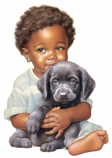 a cute retro vintage African infant baby boy with a puppy. Color pencil sketch, soft baby colors, on a white background for clipart.
