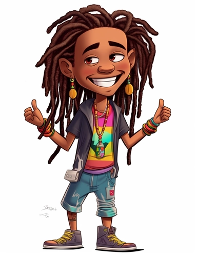 cute cool smiling black boy with wild colorful dreadlocks, chibi style, jewelry, hip hop clothing, hands in pocket, clipart, whole body, white background,