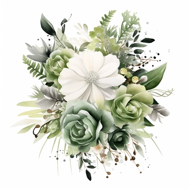 one watercolor wedding bouquet clipart on a white background, in the style of light green and white, intricate floral arrangements, white and bronze, intricate embellishments, sterling silver highlights, bold traditional, blurry details , no watermark, text, 300 DPI , typography, shapes do not stick together, no text in the picture, on a white background