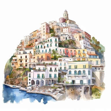 The Amalfi Coast, Italy, watercolor Clipart, watercolor Sublimation graphics, hand drawn illustration by katie daisy, Watercolor clipart, single design, single object, print on demand image, PNG transparent background, white background for removing background - - no text shadow font watermark, 8k