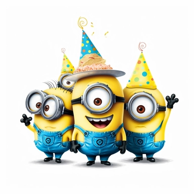 Minnions Cartoon, Cute Beautiful Cute Minnions characters Watercolor Sublimation Clipart, Birthday Party, Minnie is wearing Birthday Hat, Cartoon, hyper realistic, intricate detail, illustration style, high solution, on the white background