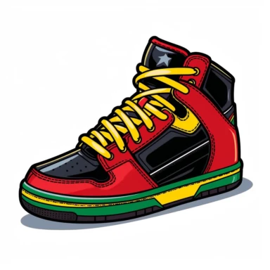 side view red and green Nike black soles shoes black soles with yellow Stitching black shoelaces shiny vector clipart art in comic book style on a white background