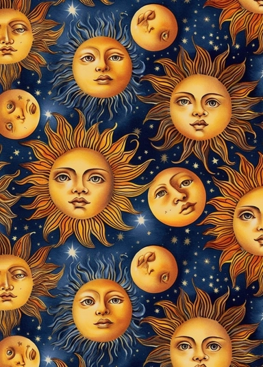 a fabric with suns and stars on it, in the style of blue and amber, ruth sanderson, distinctive noses, andrea mantegna, celestialpunk, spacecore, celestial, white background, clipart
