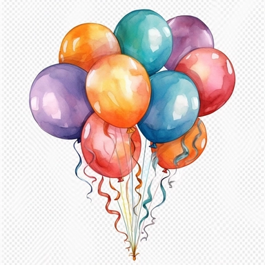 Generate a watercolor clip art image of a birthday balloon bouquet, featuring vibrant colors and a transparent background.