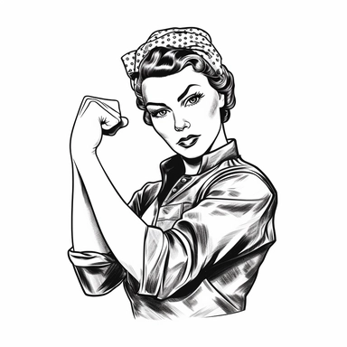 Rosie the Riveter, black and white clipart, perfect fist, no watermarks, vector quality, blank white background, highly detailed