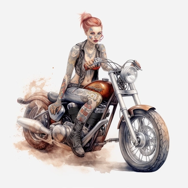 cute [Heavily tatted biker chick pixie fairy Harley davidson ] , hyper-realistic watercolor illustration, 3d, 8k high definition, highly detailed, masterpiece, clip art, white background