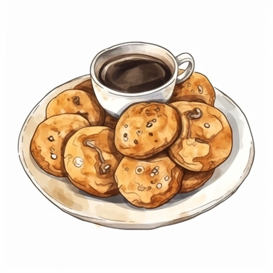 full isolated coffee cookies on a plate on a white background, bolded outline clipart sticker watercolour style, bolded outline sticker, front view, isolated on a white background