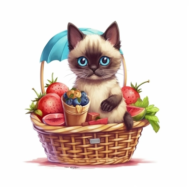 Create a clipart of a Siamese kitten riding a bicycle with a basket full of picnic food. Low detail. White background, soft lighting. In the style of Bob Ross