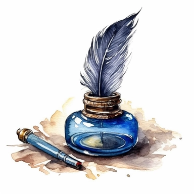A clipart of a feather quill in an inkwell, created in watercolor style, all on a white background.