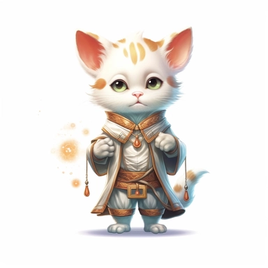 Adorable cute fantasy baby cat dressed like healer standing in dynamic pose,front view,fullbody,sharp through out,happy expression, nursery art, clipart image, lineart image, white background, very detailed, 8k, composition wide shot