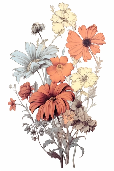 line drawing clipart of flowers in black and white, coloured in