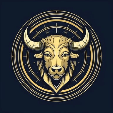 Design a circle logo in a clipart style featuring the Taurus zodiac sign. Focus on creating an illustration of the Taurus symbol, which represents the head and horns of a bull, within the circular composition. Use bold lines to outline the shape of the bull's head and emphasize the strength and stability associated with Taurus. Consider adding subtle details such as shading or texture to enhance the depth and dimension of the illustration. Incorporate earthy and natural colors that represent the
