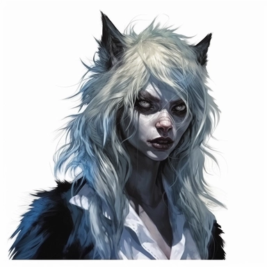 beautiful stunning pretty vintage werewolf female character, paint art style, clipart, white background, superrealistic, one of a kind