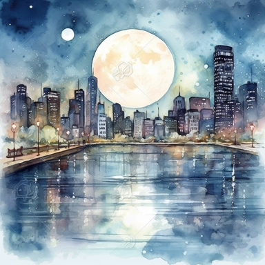 clipart style, watercolor scene of A captivating illustration of a moonlit cityscape with a river flowing through the center. The buildings along the waterfront are illuminated by the moon, and the city's lights reflect on the calm waters, creating a serene and romantic ambiance, HD, on white background