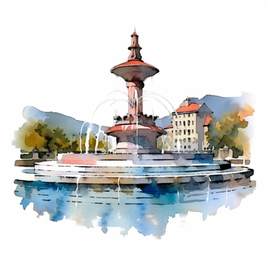 a Switzerland Geneva Water Fountain in the style of watercolour clipart with detailed brush strokes